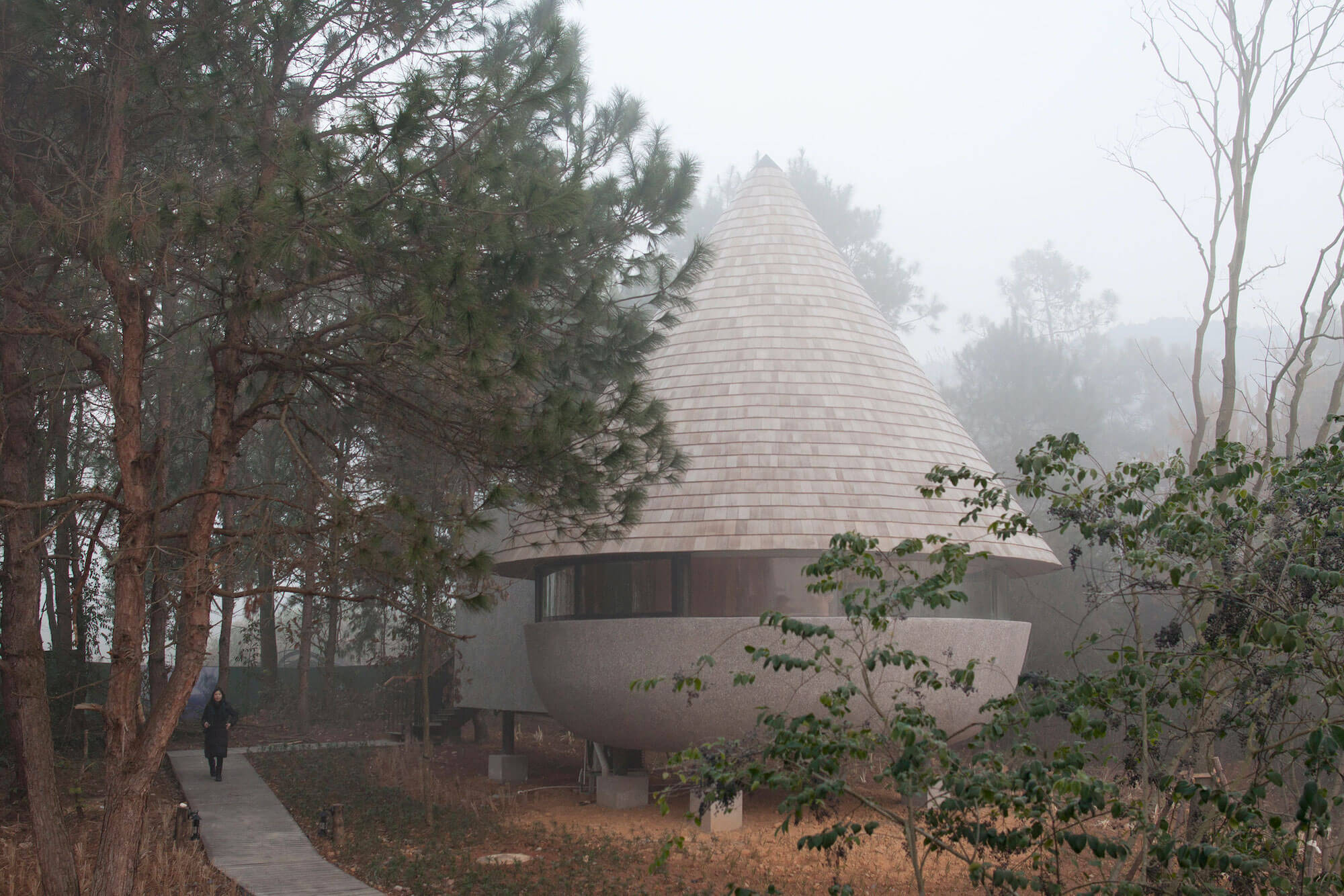 A mushroom-formed wood house in the fore|Cabin